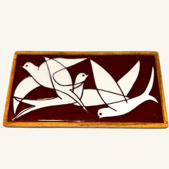 Mid Century Modern Abstract Bird Tile Wall Art | White Doves on Red - Picture 2 of 9